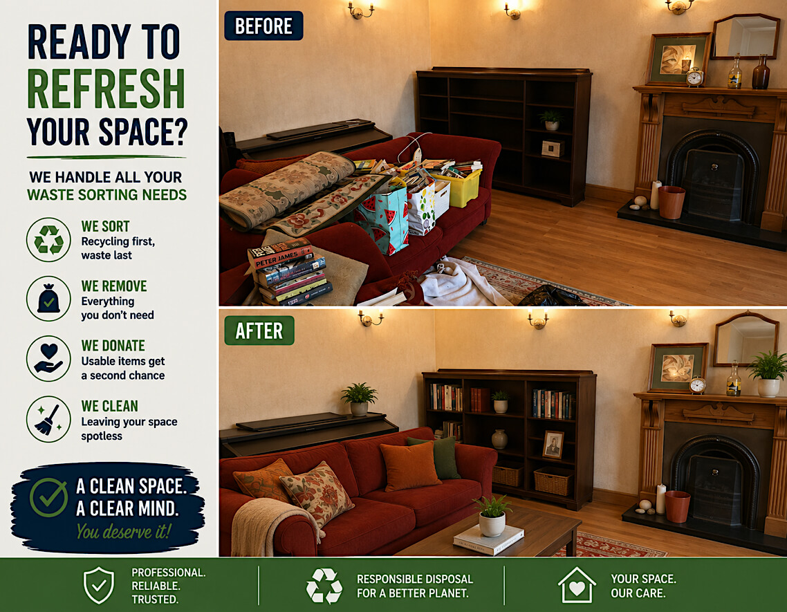 A cluttered room before clearance in Bacup