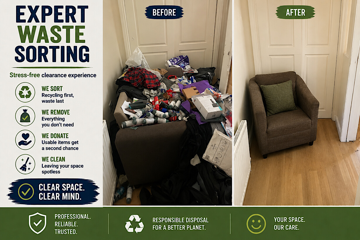 A cluttered room before clearance in Altham