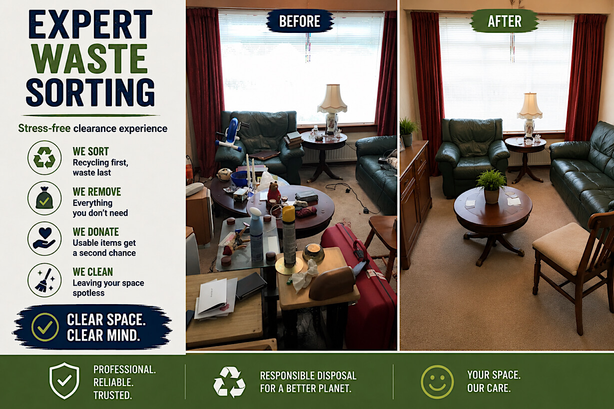 A cluttered room before clearance in Broughton