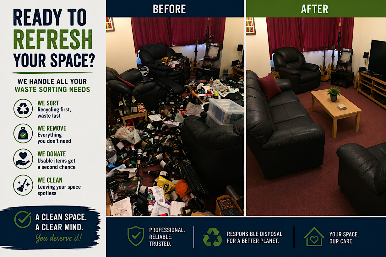 A cluttered room before clearance in Wesham